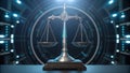 Futuristic digital scale of justice with glowing blue interface and holographic courtroom background symbolizing technological Royalty Free Stock Photo