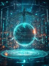 Futuristic digital scales of justice and globe representing balance in cybersecurity Royalty Free Stock Photo