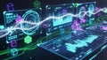 Futuristic Digital Data Analysis Screens with Glowing Cubes and Waveforms technology Royalty Free Stock Photo