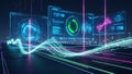 Futuristic digital interface screens displaying data streams and waveforms with glowing neon light trails Royalty Free Stock Photo