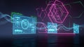 Futuristic digital screens displaying data with glowing neon geometric shapes and light trails Royalty Free Stock Photo