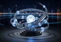 Futuristic digital sculpture featuring multiple transparent rings encircling a central sphere. Each Royalty Free Stock Photo