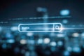 Futuristic digital search bar glowing with a bright blue light over a blurred background filled with binary code and technology- Royalty Free Stock Photo