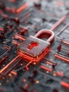 Futuristic digital security concept featuring a glowing transparent red padlock integrated within a complex network circuitry Royalty Free Stock Photo