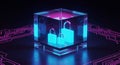 Futuristic digital security concept with glowing padlocks inside a clear glass cube on circuit board background Royalty Free Stock Photo