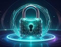Futuristic digital security concept with polygonal padlock and neon glow Royalty Free Stock Photo