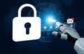 Futuristic digital security concept with robotic hand and lock symbol representing password protection and data privacy Royalty Free Stock Photo