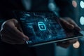 Digital security concept with a glowing padlock icon on a tablet screen displaying complex data streams and binary code Royalty Free Stock Photo