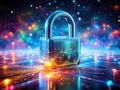 Futuristic Digital Security Padlock A Glowing Double Exposure of Virtual Protection Royalty Free Stock Photo