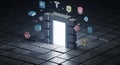 Futuristic digital security portal with geometric cube door and floating interface icons in dark cyber space Royalty Free Stock Photo