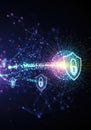 Futuristic digital security shields protecting data stream in cyber network space Royalty Free Stock Photo