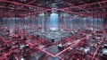 Futuristic digital server room and high-tech data center with red laser light grids and glowing central processor in a vast cyber Royalty Free Stock Photo