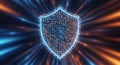 Digital shield icon with glowing blue binary code pattern representing cyber security and data protection technology Royalty Free Stock Photo