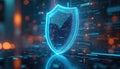 Futuristic digital shield glows with data streams. Cybersecurity concept visualizes data protection and secure networks. Abstract Royalty Free Stock Photo