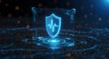 Futuristic digital shield with heartbeat pulse on glowing holographic interface for cybersecurity and medical data protection. Royalty Free Stock Photo