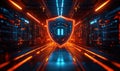 Futuristic digital shield in neon corridor representing cybersecurity and protection Royalty Free Stock Photo