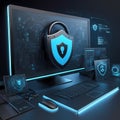Futuristic digital shield and padlock symbolizes cybersecurity, data protection, and secure network technology on computer screen Royalty Free Stock Photo