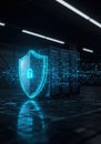Futuristic digital shield protecting server racks in dark data center environment Royalty Free Stock Photo