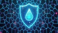Futuristic digital shield with water drop symbol and hexagonal pattern background Royalty Free Stock Photo