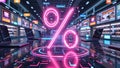 Futuristic digital shopping concept with neon percent symbol in high-tech store Royalty Free Stock Photo