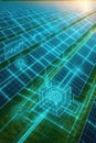 Futuristic digital solar panel grid with glowing neural circuit overlay, symbolizing AI, energy innovation, and smart technology Royalty Free Stock Photo