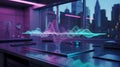 Futuristic digital sound wave visualization in a modern office with city skyline Royalty Free Stock Photo