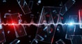 Futuristic digital sound waveform illustration with red blue and white rectangular shapes on black background with scattered white Royalty Free Stock Photo