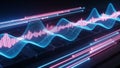 Futuristic Digital Sound Waveform Visualization with Neon Pink and Cyan Lines on Dark Grid Background Royalty Free Stock Photo