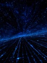 Futuristic digital space landscape with glowing blue stars and grid lines Royalty Free Stock Photo