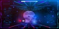 Futuristic digital space with polygonal human head in HUD, GUI, UX style. An innovative cyber banner with user interface and