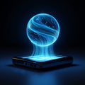 Futuristic digital sphere emerges from a sleek smartphone display in a neon glow Royalty Free Stock Photo