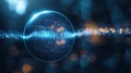 A futuristic digital sphere emitting concentric energy waves, symbolizing voice modulation and advanced sound resonance technology