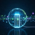 Futuristic digital sphere encasing a glowing server rack amidst a vibrant network of data streams Royalty Free Stock Photo