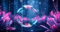 Futuristic Digital Sphere Floating Among Neon-Lit Flowers and Binary Code Royalty Free Stock Photo
