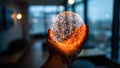 Futuristic digital sphere between human fingers Royalty Free Stock Photo