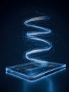 Futuristic digital spiral emerging from a transparent smartphone screen, representing technological innovation and connectivity Royalty Free Stock Photo