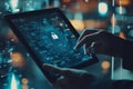 Futuristic Digital Tablet Displaying Security Lock Icon With Glowing Circuitry and Data Streams, Cyber Security Concept Royalty Free Stock Photo