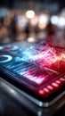 Futuristic digital tablet interface with glowing holographic charts, data analytics graphs, and financial visualization Royalty Free Stock Photo