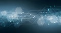 Futuristic Digital Technology Background with Interconnected Glowing Lines, Data Points, and Abstract Hexagonal Shapes on a Blue Royalty Free Stock Photo