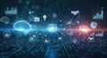 Futuristic digital technology brain with icons and network connections in a modern abstract concept Royalty Free Stock Photo