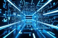 Futuristic digital technology corridor with glowing blue circuit patterns and Royalty Free Stock Photo