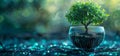 Futuristic digital technology nurturing a tree on a sleek blue background Royalty Free Stock Photo