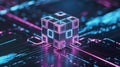 A futuristic, digital-themed image featuring a cubic structure with glowing pink and teal lines. Royalty Free Stock Photo