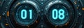 Futuristic digital timer displays numbers 01 and 08. Glowing blue digits on dark mechanical background. Sci fi interface for Royalty Free Stock Photo