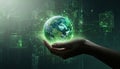 Futuristic digital transformation concept shows glowing Earth in hand. Advanced technology optimizes global enterprise resource Royalty Free Stock Photo