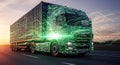 Futuristic digital truck illuminated by green binary code on a highway at sunset Royalty Free Stock Photo