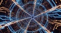 Futuristic Digital Tunnel with Blue and Orange Circuit Board Lines, Data Flow Concept Royalty Free Stock Photo