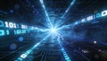 Futuristic digital tunnel featuring flowing binary code, primarily ones and zeros, in a blue and black color scheme. Royalty Free Stock Photo