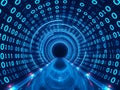 Futuristic Digital Tunnel with Glowing Binary Code and Red Light Trails