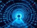Futuristic Digital Tunnel with Glowing Binary Code and Red Light Trails